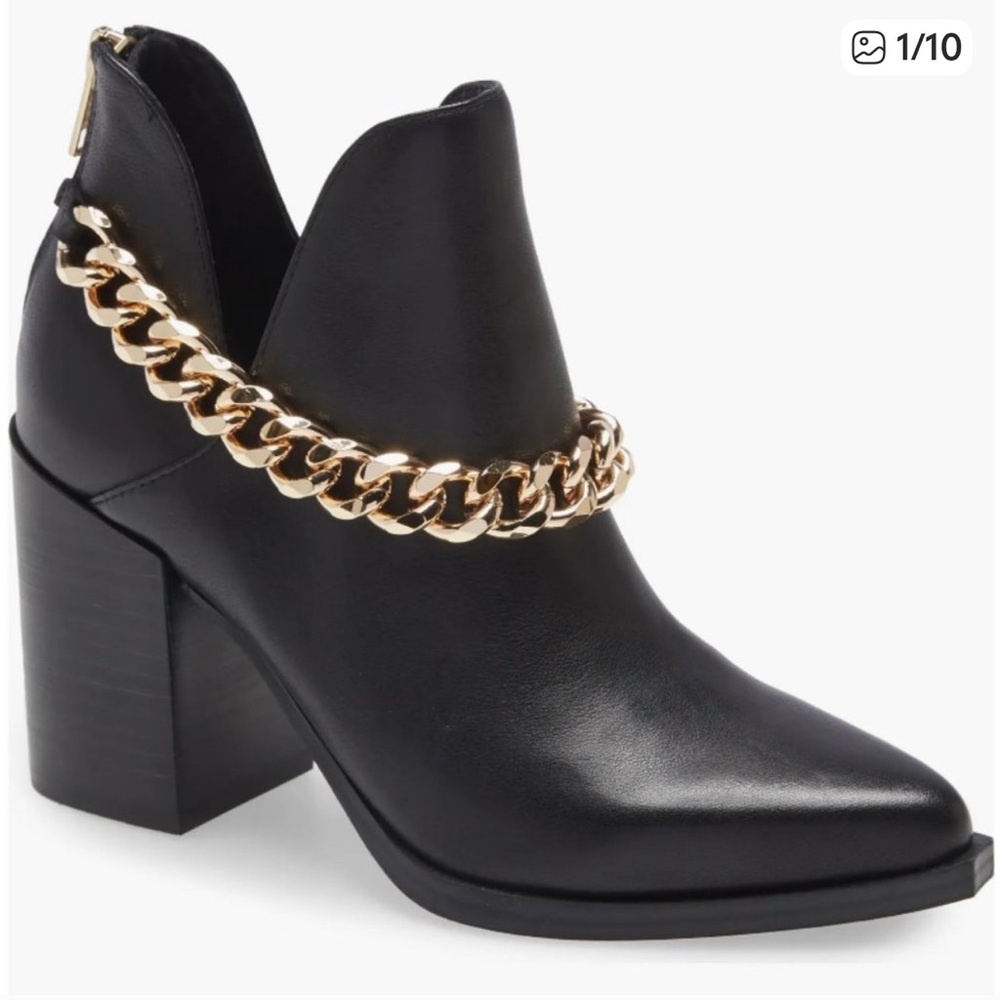 Steve Madden Tranquil Black Leather Ankle Boots with Gold Chain